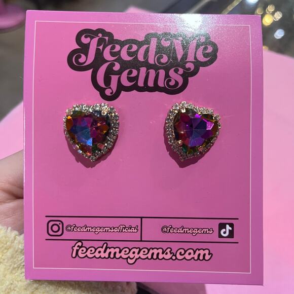 Feed Me Gems Signature Heart Stud Earrings Clear AB, Pink, OR Volcano NWT - Picture 11 of 13